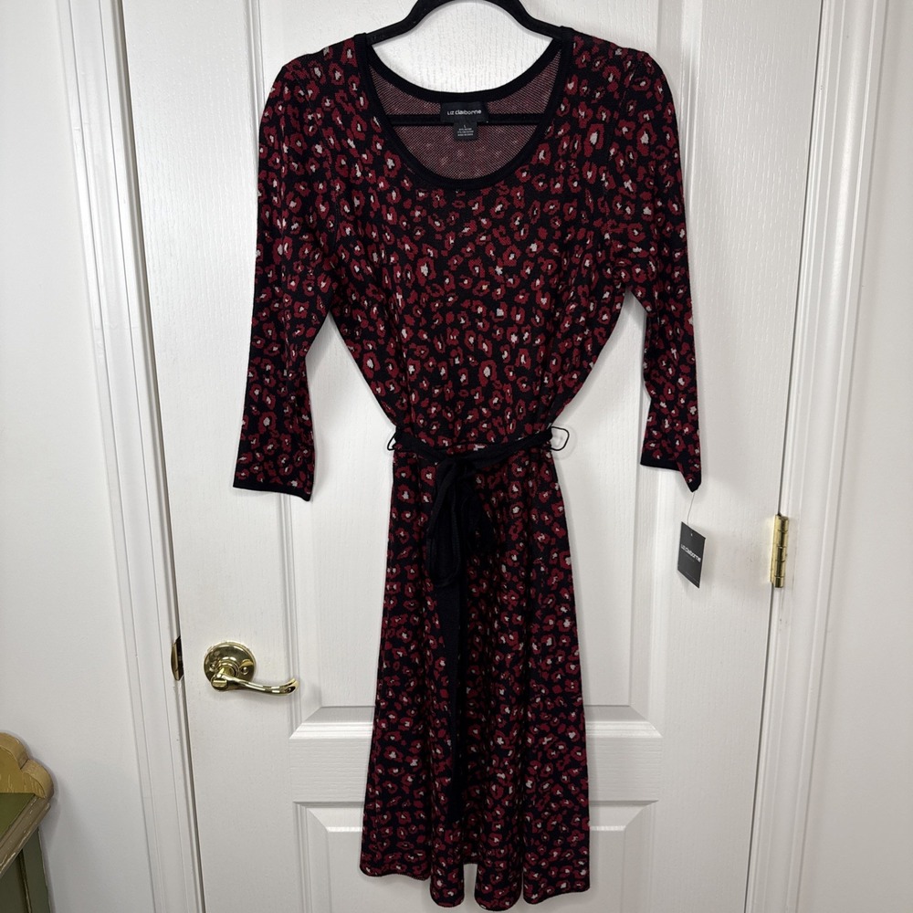 Liz Claiborne Womens L Black Red Leopard Sweater Dress Belted Midi Mock Neck